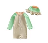 Springcmy Infant Baby Boys Swimsuit One Piece Long Sleeve Rash Guard Zipper Bathing Suit Swimwear with Sun Cap Beachwear (D Khaki, 6-12 Months)