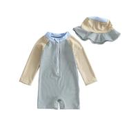 Springcmy Infant Baby Boys Swimsuit One Piece Long Sleeve Rash Guard Zipper Bathing Suit Swimwear with Sun Cap Beachwear (D Dark Blue Green, 12-18 Months)