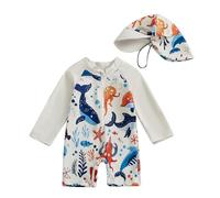 Springcmy Infant Baby Boys Swimsuit One Piece Long Sleeve Rash Guard Zipper Bathing Suit Swimwear with Sun Cap Beachwear (G Khaki, 12-18 Months)