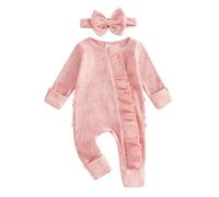Springcmy Infant Baby Girl Fall Outfit Romper Ribbed Ruffle Zipper Front Jumpsuit Long Sleeve Bodysuit With Headband One Piece Clothes (E Pink, 3-6 Months)