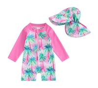 Springcmy Toddler Baby Boys Girl Swimsuit One Piece Long Sleeve Rash Guard Zipper Bathing Suit Swimwear with Hat Beachwear (Tropical Tree Rose, 2-3 Years)