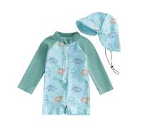 Springcmy Toddler Baby Boys Swimsuit One Piece Long Sleeve Dinosaur/Sea Creature Rash Guard Zipper Bathing Suit Swimwear with Hat Beachwear (Dinosaur Green, 3-6 Months)