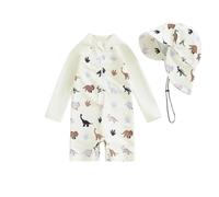 Springcmy Toddler Baby Boys Swimsuit One Piece Long Sleeve Rash Guard Zipper Bathing Suit Swimwear with Hat Beachwear Wetsuit Outfit (Animal Khaki, 6-12 Months)