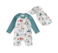Springcmy Toddler Baby Boys Swimsuit One Piece Long Sleeve Shark Rash Guard Zipper Bathing Suit Swimwear with Hat Beachwear (Dinosaur Sky Blue, 12-18 Months)