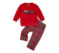 Springcmy Toddler Baby Christmas Outfit Truck Embroidered Long Sleeve Sweatshirt Plaid Elastic Waist Pants 2Pcs Clothes Set (A Red, 18-24 Months)
