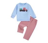 Springcmy Toddler Baby Christmas Outfit Truck Embroidered Long Sleeve Sweatshirt Plaid Elastic Waist Pants 2Pcs Clothes Set (A Blue, 18-24 Months)