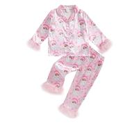 Springcmy Toddler Baby Girl Christmas Pajama Sets Button-up Silk Lapel Shirt Elastic Pants 2Pcs Xmas Sleepwear Loungewear (E7 Feather Trim Pink, 9-10 Years)