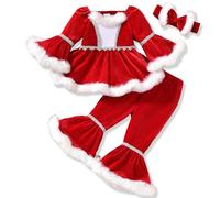 Springcmy Toddler Baby Girl Christmas Santa Outfits Plush Trim Long Sleeve Round Neck Tops + Elastic Waist Flare Pants + Headband 3Pcs Clothes Set (A Red, 18-24 Months)