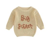 Springcmy Toddler Baby Girl Knit Sweater Flower Big/Little Sister Embroidery Long Sleeve Winter Pullover Jumper Knitwear (Big Sister Brown, 3-4 Years)