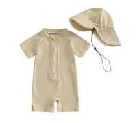 Springcmy Toddler Baby Infant Boys Swimsuit One Piece Long Sleeve Rash Guard Zipper Bathing Suit Swimwear with Hat Beachwear Wetsuit (C Khaki, 2-3 Years)