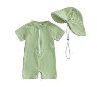 Springcmy Toddler Baby Infant Boys Swimsuit One Piece Long Sleeve Rash Guard Zipper Bathing Suit Swimwear with Hat Beachwear Wetsuit (C Green, 0-3 Months)