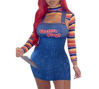 Springcmy Women 2 Pcs Halloween Cosplay Costumes Scary Nightmare Killer Doll Wanna Play Movie Character Dress Chucky Doll Costume Set (B2-Blue, S)