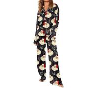 Springcmy Women 2Pcs Christmas Pajamas Set Long Sleeve Santa Claus Button Up Shirts Long Wide Leg Pants Xmas Satin Pjs Loungewear Sets (E-Black, M)