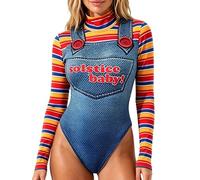 Springcmy Women 2Pcs Halloween Cosplay Costumes Scary Killer Romper Chucky Doll Set (G Blue, L)