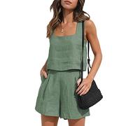 Springcmy Women 2PCS Outfits Shorts Sets Sleeveless Tank Top and Elastic Shorts with Pocksets Summer Beach Lounge Y2K Streetwear