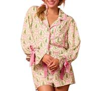 Springcmy Women 2Pcs Silk Christmas Pajamas Set Bow Tie Long Sleeve Button Up Shirt Ruffle Shorts Pjs Sets Loungewear (A-Pink, S)