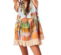 Springcmy Women Boho Floral Mini Dress Puff Sleeve V Neck Dress Summer Beach Short Babydoll Dress Sundress with Pockets (A-Beige, L)