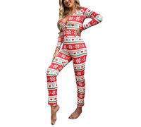 Springcmy Women Christmas One Piece Deep V-Neck Jumpsuit Button Bodycon Romper Sexy XMAS Pajamas Sleepwear Bodysuit (Red Snowflake, XXL)