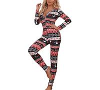Springcmy Women Christmas One Piece Deep V-Neck Jumpsuit Button Bodycon Romper Sexy XMAS Pajamas Sleepwear Longewear Bodysuit (Black Deer, M)