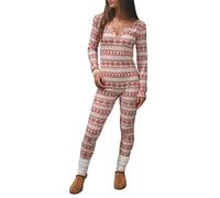 Springcmy Women Christmas One Piece Deep V-Neck Jumpsuit Button Bodycon Romper Sexy XMAS Pajamas Sleepwear Longewear Clubwear (C-Red, L)