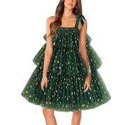 Springcmy Women Christmas Tree Ball Trim Dress Tie Shoulder Sleeveless Layered Tulle Tutu Dress A Line Tiered Cake Xmas Mini Dress (Green, L)
