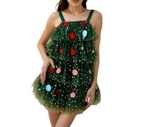 Springcmy Women Christmas Tree Green Dress Sleeveless Star Sequin Layered Tulle Tutu Dresses Christmas Cute Xmas Tree Dress (B-Green, L)