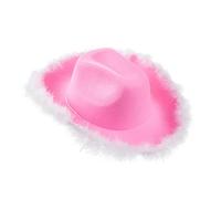 Springcmy Women Cowboy Hat Felt Fluffy Feather Trim Cowgirl Hat Wide Brim Fancy Dress Party Holloween Cowgirl Hats Costumes Dress Up Hat (B-Pink White Fluffy, One Size)
