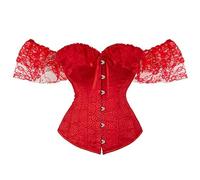 Springcmy Women Floral Lace Off Shoulder Corset Bustier Boned Fishbone Overbust Corset Bodyshaper Lingerie Party Top Wrapped Cincher (A-Red, L)