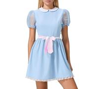 Springcmy Women Girls Blue Twin Dress Halloween Costume Creepy Twins Puff Sleeve Short Dress Maid Lolita Scary Doll Cospaly Dress (B Pink Bow Belt, S)