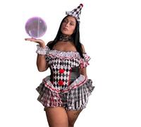 Springcmy Women Halloween Creepy Clown Bodysuit Costume Circus Freakshow Scary Killer Dress Party Cosplay Roleplay Costume (B Black, XXL)