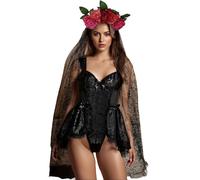 Springcmy Women Halloween Dead Bride Cosplay Costume Ghost Corpse Bride Corset Ruffle Bodysuit Veil Flower Headband Set (A Black, X00)