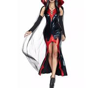 Springcmy Women Halloween Vampire Medieval Renaissance Costume Deluxe Long Boydcon Dress With Cape Arm Sleeve Set Cosplay Outfits (A Black, XL)