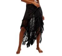 Springcmy Women Lace Long Skirts Summer Elastic Asymmetrical Layered Hem Sexy See-Through Flowy Beach Floral Maxi Skirts (A-Black, M)