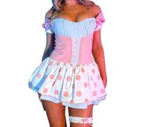 Springcmy Women Little Bo Peep Costume Halloween Cosplay Outfits Sweet Ruffle Short Sleeve Polka Dot Reloplay Mini Dress (A Pink, S)