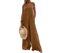 Springcmy Women Overalls Casual Loose Dungarees Soft Wide Leg Jumpsuit Baggy Playsuit Adjustable Suspender Straps with Pockets (D-Brown, XL)