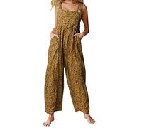 Springcmy Women Overalls Casual Loose Dungarees Soft Wide Leg Jumpsuit Baggy Playsuit Adjustable Suspender Straps with Pockets (J-Tan, XXL)