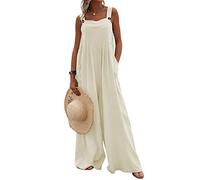 Springcmy Women Overalls Casual Loose Dungarees Soft Wide Leg Jumpsuit Baggy Playsuit Adjustable Suspender Straps with Pockets (D-Beige, L)