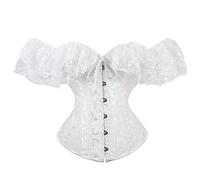 Springcmy Women Plus Size Corset Tops Boned Overbust Bustier Shapewear Lingerie Floral Lace Up Ruffle Trim Waist Push Up Bodysuit (B-White, XXL)