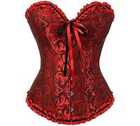 Springcmy Women Plus Size Corset Tops Boned Overbust Bustier Shapewear Lingerie Floral Lace Up Ruffle Trim Waist Push Up Bodysuit (A-Black Red, XXXXXXL)