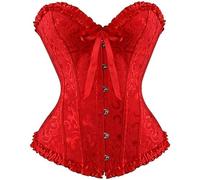 Springcmy Women Plus Size Corset Tops Boned Overbust Bustier Shapewear Lingerie Floral Lace Up Ruffle Trim Waist Push Up Bodysuit (A-Red, XS)