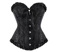 Springcmy Women Plus Size Corset Tops Boned Overbust Bustier Shapewear Lingerie Floral Lace Up Ruffle Trim Waist Push Up Bodysuit (A-Black, S)
