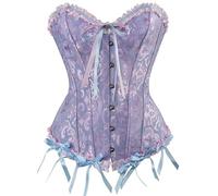 Springcmy Women Plus Size Corset Tops Boned Overbust Bustier Shapewear Lingerie Floral Lace Up Ruffle Trim Waist Push Up Bodysuit (A-Blue, XXXXXXL)