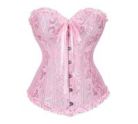 Springcmy Women Plus Size Corset Tops Boned Overbust Bustier Shapewear Lingerie Floral Lace Up Ruffle Trim Waist Push Up Bodysuit (A-Pink, XXL)
