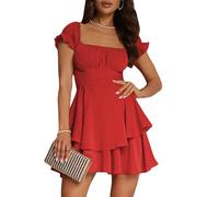 Springcmy Women Puff Sleeve Off Shoulder Dress Ruffle Tiered Smocked Layered Flowy Beach A-line Short Mini French Dress (A-Red, M)