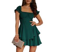 Springcmy Women Puff Sleeve Off Shoulder Dress Ruffle Tiered Smocked Layered Flowy Beach A-line Short Mini French Dress (A-Green, M)