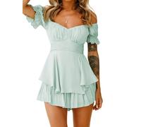 Springcmy Women Puff Sleeve Square Neck Romper Dress Off Shoulder Ruffle Shorts Smocked Layered Flowy Jumpsuit Beach Swing Dress (A-Light Green, L)