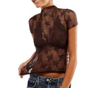 Springcmy Women Sexy Mock Turtle Neck Long/Short Sleeve Sheer Mesh Lace Floral See Through Going Out Layering Slim Fit Tops Streetwear (Ba Dark Brown, S)
