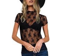 Springcmy Women Sexy Mock Turtle Neck Long/Short Sleeve Sheer Mesh Lace Floral See Through Going Out Layering Slim Fit Tops Streetwear (Ba Black, M)