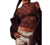 Springcmy Women Sexy Mock Turtle Neck Long Sleeve Sheer Mesh Lace Floral See Through Swiss Dots Going Out Layering Slim Fit Tops Streetwear (B-Brown, M)