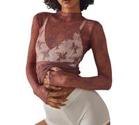 Springcmy Women Sexy Mock Turtle Neck Long Sleeve Sheer Mesh Lace Floral See Through Swiss Dots Going Out Layering Slim Fit Tops Streetwear (B-Light Brown, L)